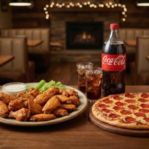 Menu # 6 16” pizza pies • 1 topping + 20 wings • one 2lt soda