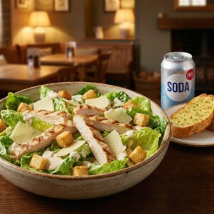 Menu # 11 chicken caesar salad + garlic bread + free can soda