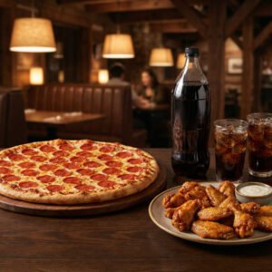 Menu # 1 14” pizza pies • 1 topping + 12 wings • one 2lt soda