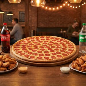 Menu # 13 30” pizza pie • 1 topping + 40 wings • two 2lt soda