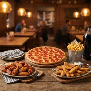 Menu # 15 16" pizza pie + 1 topping + 40 wings + 20 fingers + busket of fries + one 2lt soda