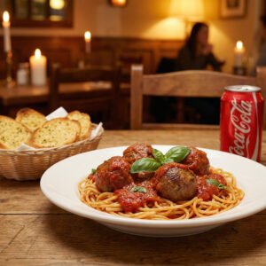 Menu # 9 spaguetti & meatballs w / garlic bread • free can soda