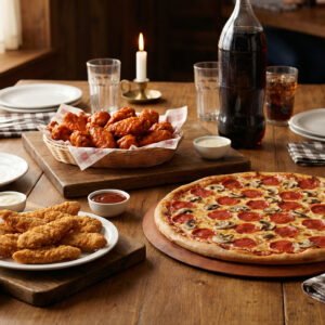 Menu # 7 16” pizza pies • 2 toppings + 12 wings • 8 fingers + one 2lt soda